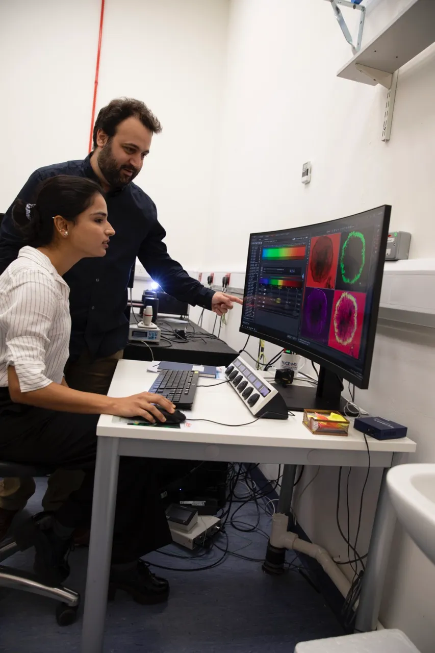 Two researchers looking at microscopy images on a screen