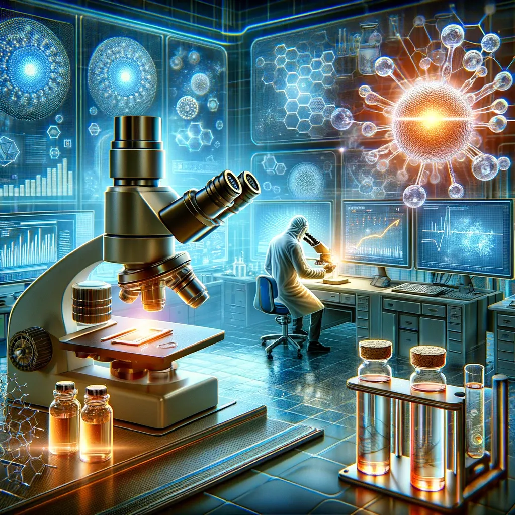 Illustration of a scientist at a microscope surrounded by nanoparticle samples