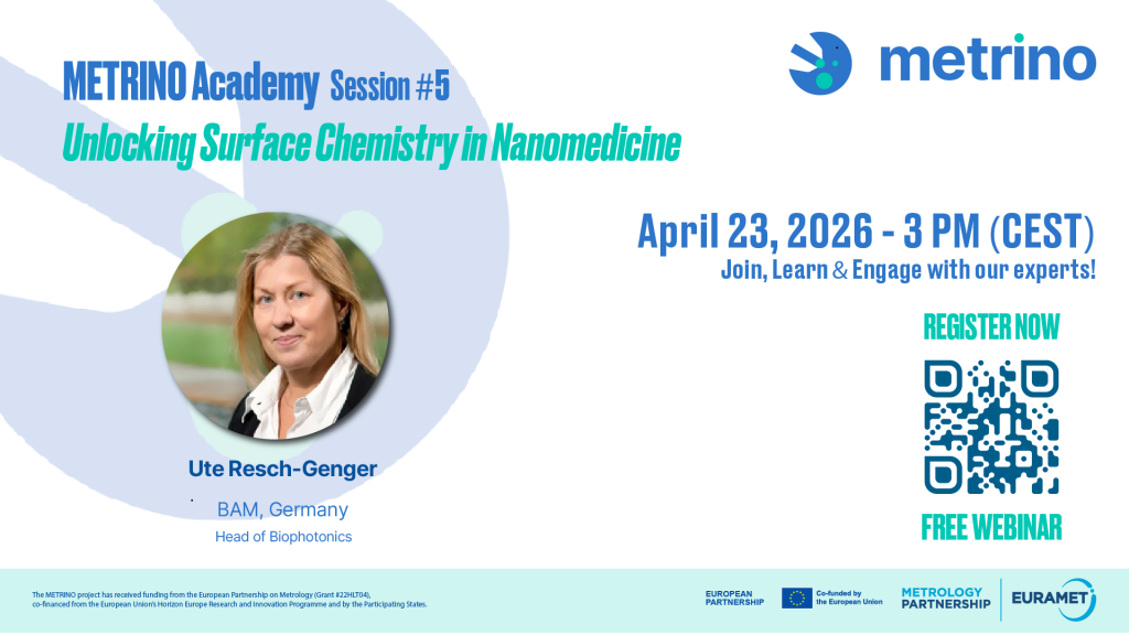 Promotional flyer for METRINO Academy Session 5, titled “Unlocking Surface Chemistry in Nanomedicine”, featuring speaker Ute Resch Genger, Head of Biophotonics at BAM, Germany. The webinar takes place on 23 April 2026 at 3 PM CEST and is presented as a free online event with a registration QR code.