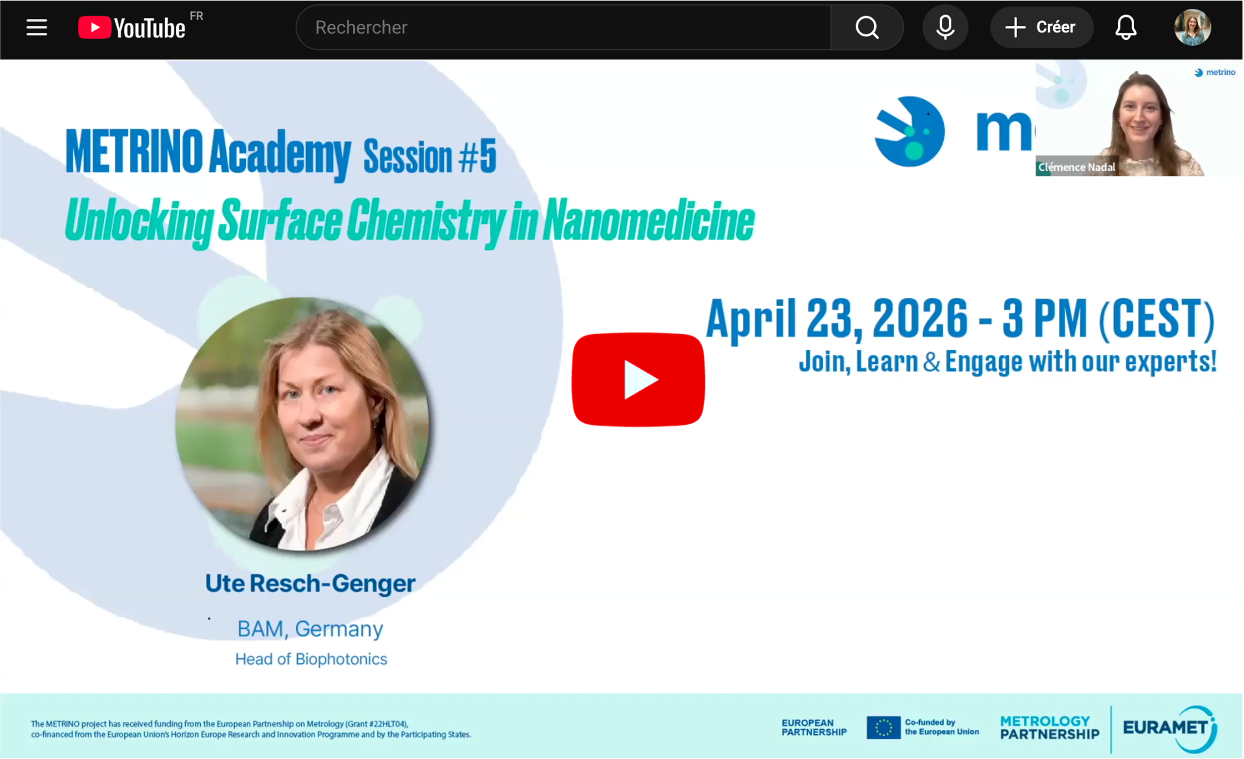 METRINO Academy Session 5 webinar replay slide featuring Ute Resch-Genger on surface chemistry characterisation in nanomedicine, April 23 2026