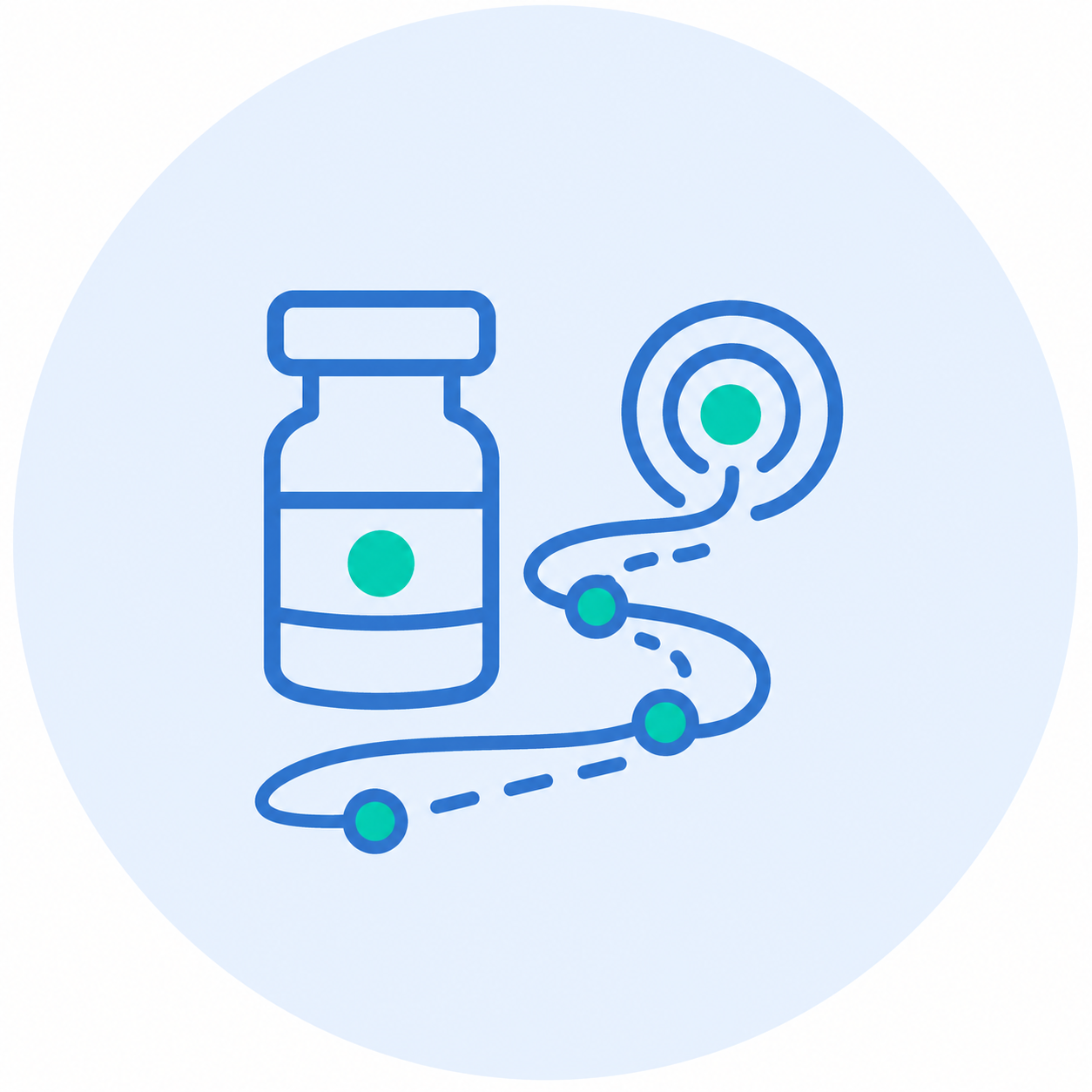A reference material vial connected to a roadmap of measurement and validation steps